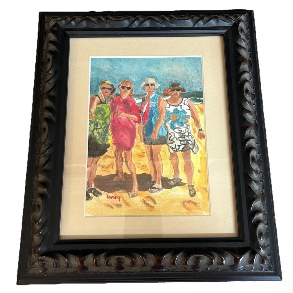 Original Watercolor Ladies Day At The Beach Signed Professional Framed 11x14